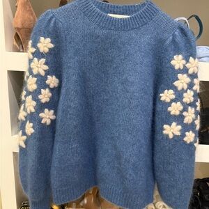Sezane Blue Sweater with Cream Floral Details